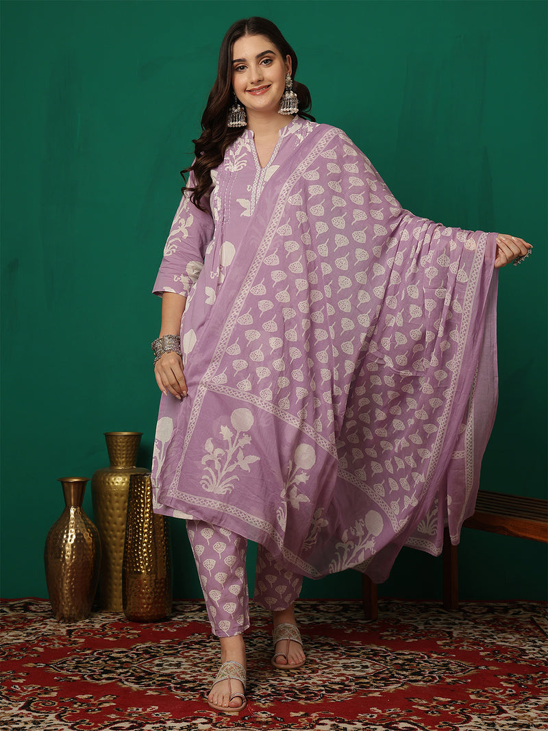 Women Purple Cotton Printed Straight Kurta with Trouser & Dupatta