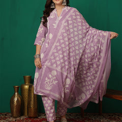 Women Purple Cotton Printed Straight Kurta with Trouser & Dupatta