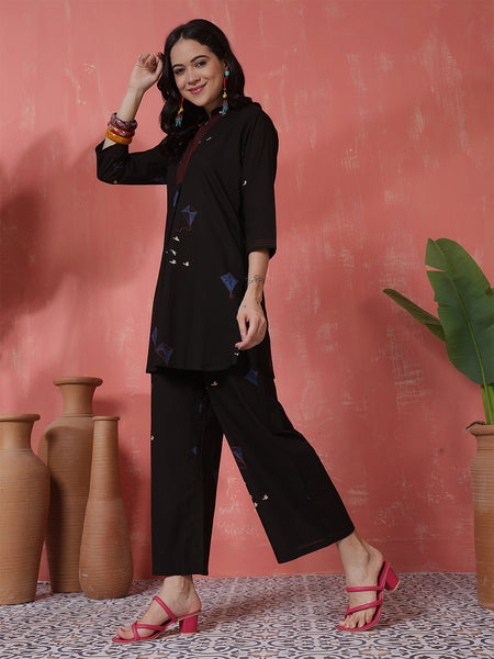Women Black Pure Cotton Printed Top with Palazzo Co-ord Set