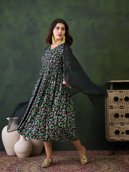 Women Black & Green Floral Printed Ethnic Dress With Dupatta