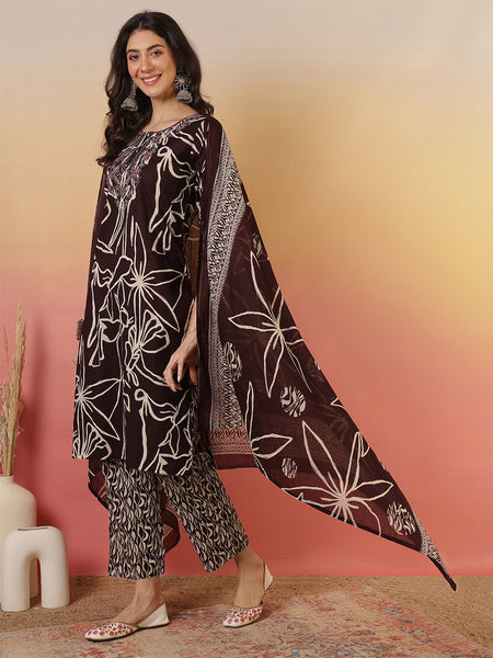 Women Abstract Printed Wine Kurta With Trouser & Dupatta