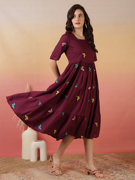 Women Wine Cotton Embroidery Fit And Flare Dress