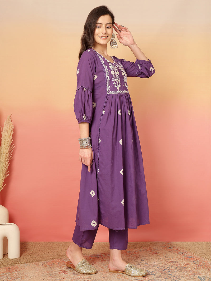 Women Cotton Purple Embroidery Anarkali Kurta with Trouser & Dupatta