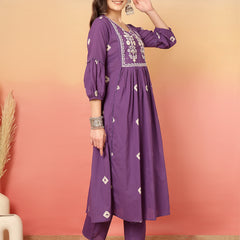 Women Cotton Purple Embroidery Anarkali Kurta with Trouser & Dupatta