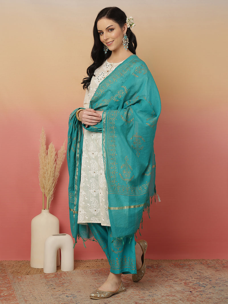 ANAISA Women Cotton Flex White Embroidery Kurta with Turquoise blue Palazzo with Dupatta