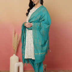 ANAISA Women Cotton Flex White Embroidery Kurta with Turquoise blue Palazzo with Dupatta