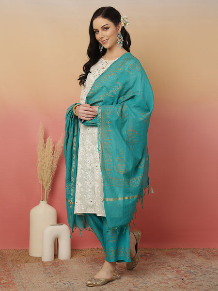 Women Cotton Flex White Embroidery Kurta with Turquoise blue Palazzo with Dupatta