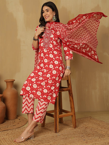 Women Floral Printed Red Kurta with Trouser & Dupatta