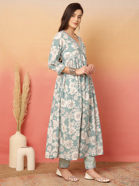 ANAISA Women Cotton Light Blue Floral Printed V-neck,Calf Length  Anarkali Kurta with Pant