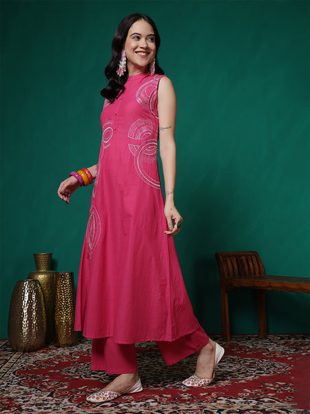 Women Pink Pure Cotton Embroidery Kurta with attached sleeves and Palazzo Set