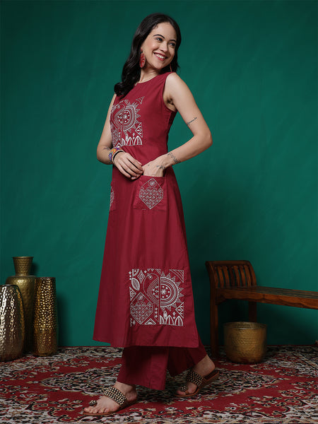 Women Cherry Red Pure Cotton Embroidery Kurta with attached sleeves and Palazzo Set