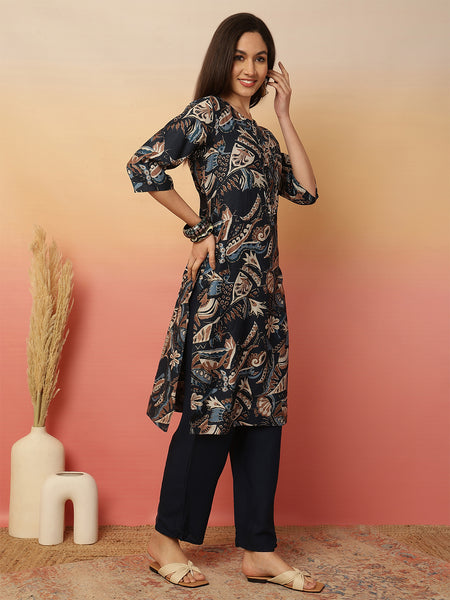 Women Blue Foil Printed Kurta with Trouser