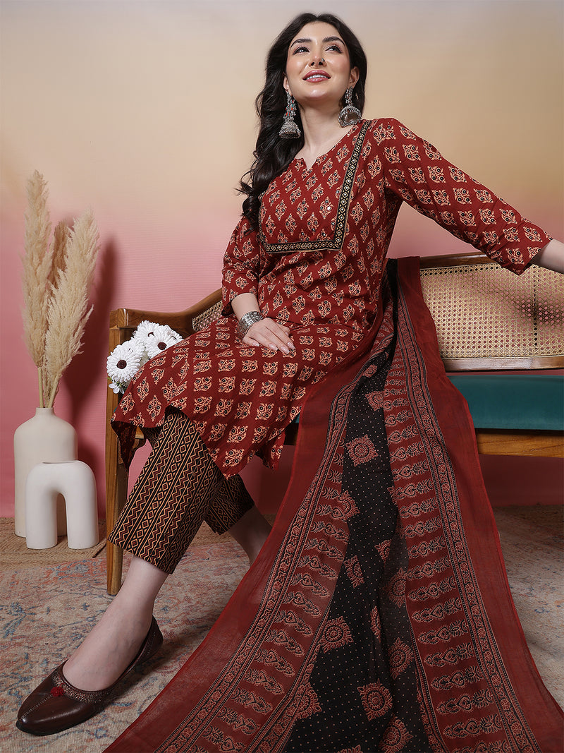 Women Black Cotton Hand Block Printed Kurta with Trouser & Dupatta