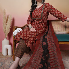 Women Black Cotton Hand Block Printed Kurta with Trouser & Dupatta