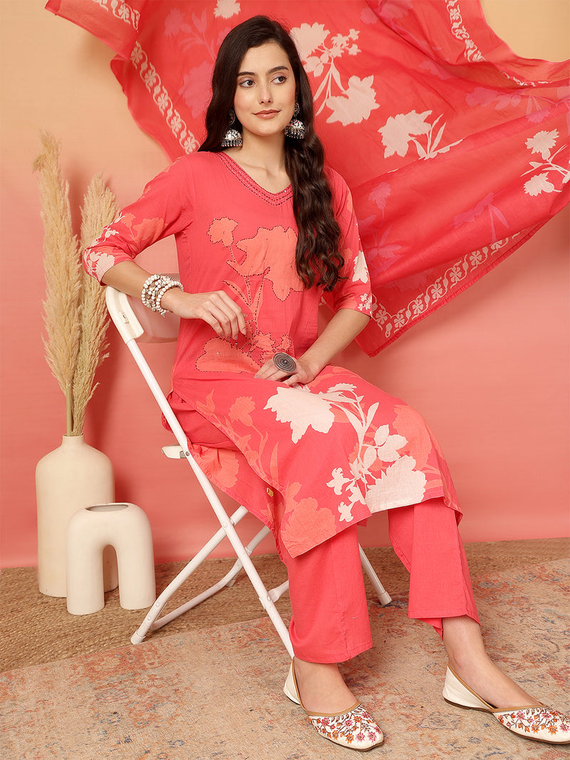 Women Cotton Printed Patch Work Kurta with Trouser & Dupatta