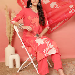 Women Cotton Printed Patch Work Kurta with Trouser & Dupatta