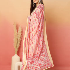 ANAISA Women Cotton Pink Color Printed Lace Work V-neck Anarkali Kurta with Pant & Dupatta