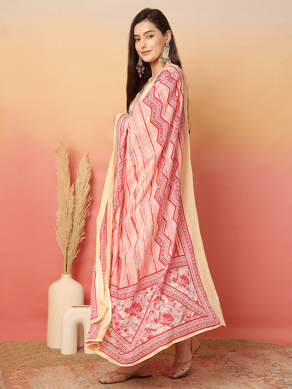 ANAISA Women Cotton Pink Color Printed Lace Work V-neck Anarkali Kurta with Pant & Dupatta