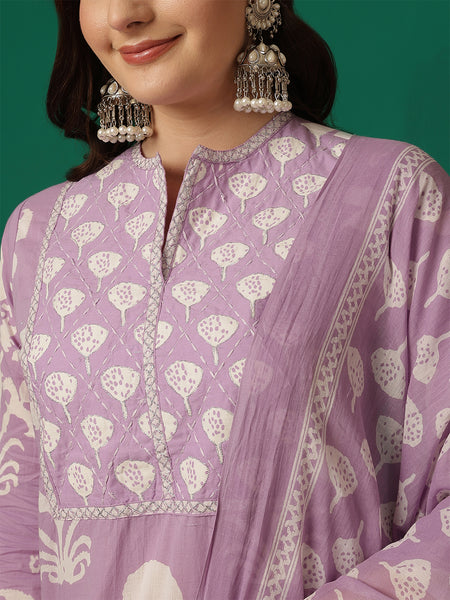 Women Cotton Printed Hand Work Yoke Kurta with Trouser & Dupatta