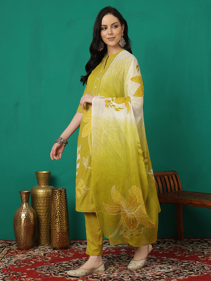 ANAISA Women Cotton Placement Print Straight Kurta with Trouser & Dupatta