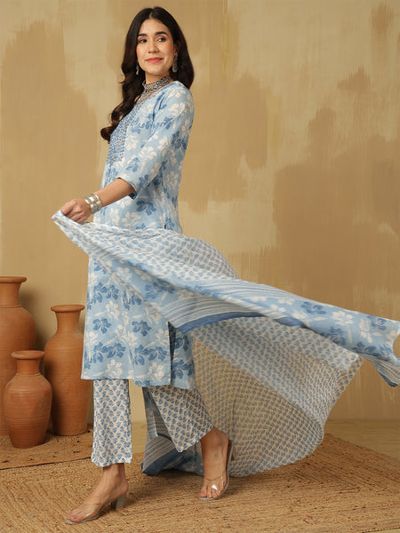 Women Blue Cotton Embroidery Kurta With Trouser & Dupatta