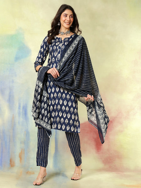Women Blue Viscose Rayon Discharge Printed Kurta with Trouser & Dupatta