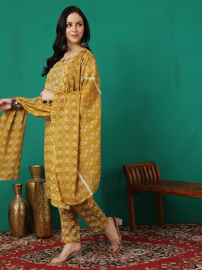 ANAISA Women Viscose Rayon Round Neck, Calf Length, Printed Kurta with Trouser & Dupatta
