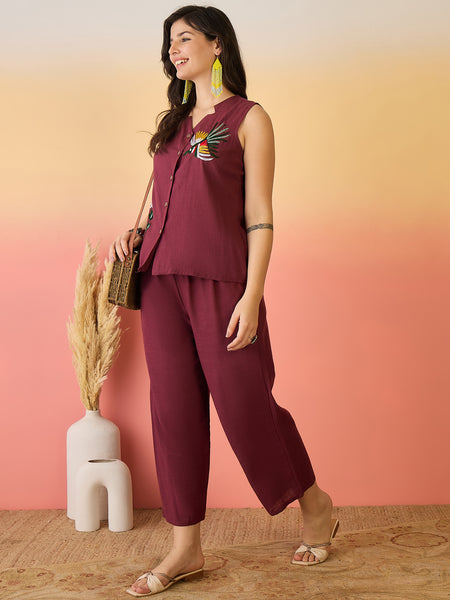 Women Cotton Maroon Embroidery Top With Trouser Co-ord Set