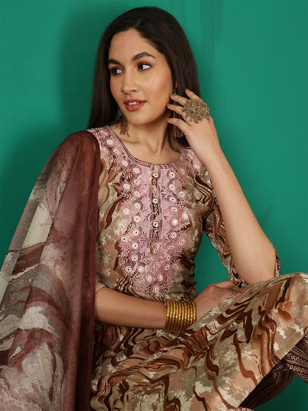 Women Brown Yoke Embroidery Kurta with Trouser & Dupatta