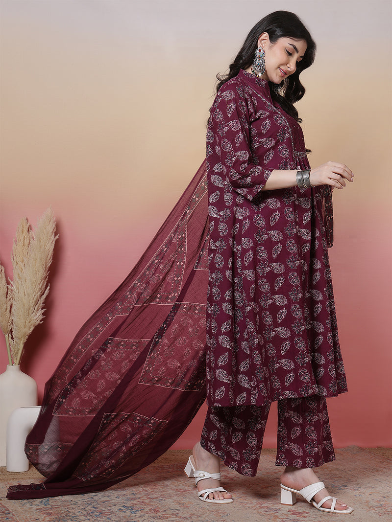 Women Green Floral Printed Hand Work Anarkali Kurta with Trouser & Dupatta