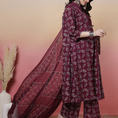 Women Green Floral Printed Hand Work Anarkali Kurta with Trouser & Dupatta