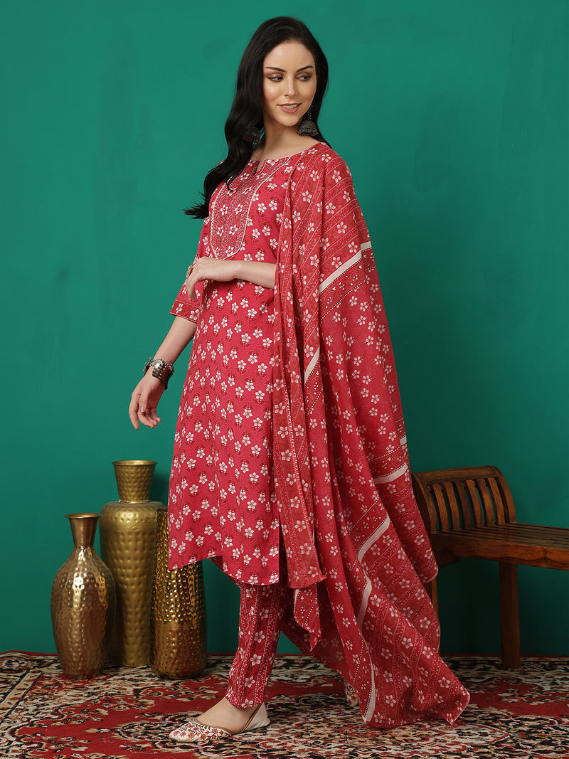ANAISA Women Viscose Rayon Round Neck, Calf Length, Printed Kurta with Trouser & Dupatta