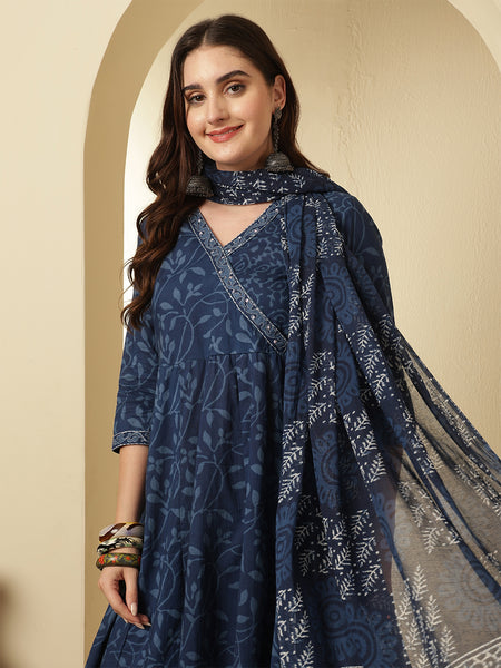 Women Cotton Indigo Printed Angrakha Anarkali Kurta with Trouser & Dupatta