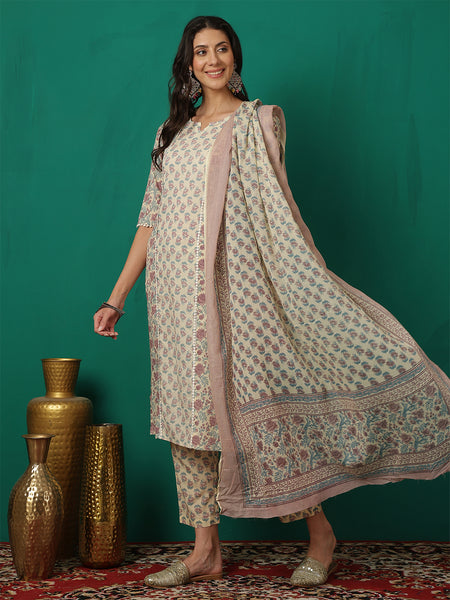 Women Offwhite Cotton Printed, Round Neck, 3/4 Sleeves, Calf Length Kurta with Trouser & Dupatta