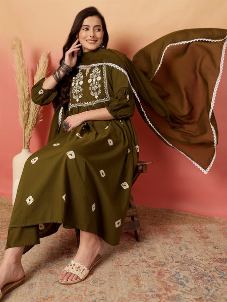 Women Cotton Olive Green Embroidery Anarkali Kurta with Trouser & Dupatta