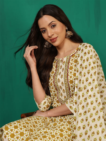 Women Cotton Beige Printed Kurta with Trouser & Dupatta