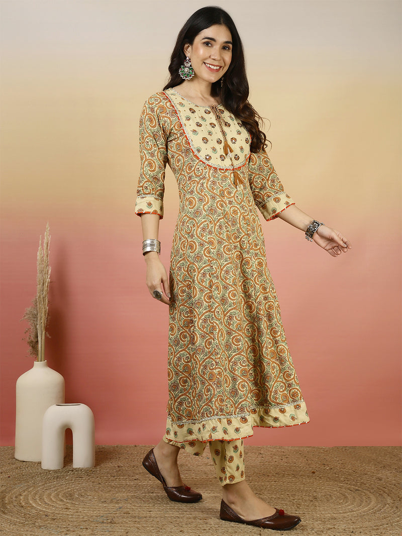 Women Beige Printed Anarkali Kurta With Pant & Dupatta