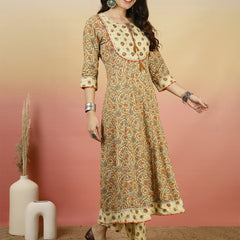 Women Beige Printed Anarkali Kurta With Pant & Dupatta