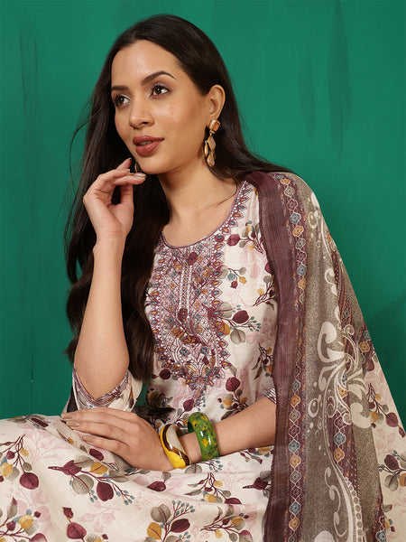 Women Brown Floral Printed Yoke Embroidery Kurta with Trouser & Dupatta
