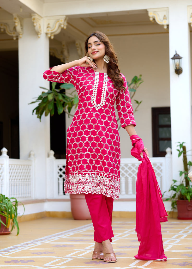 ANAISA Women cotton Schiffli embroidered Kurta with Trouser & Dupatta