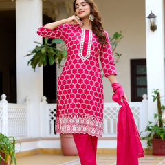 ANAISA Women cotton Schiffli embroidered Kurta with Trouser & Dupatta