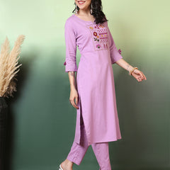 Women Lavender Cotton Flex Hand Work Kurta with Trouser Set