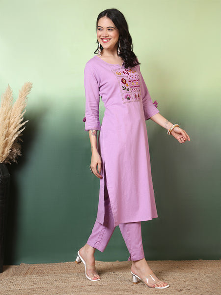 Women Lavender Cotton Flex Hand Work Kurta with Trouser Set