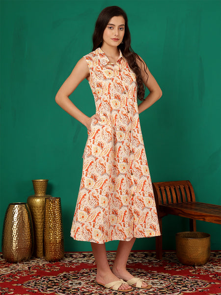 ANAISA Women Printed Cotton Sleeveless, Collar Neck, Calf Length Midi Summer Dress