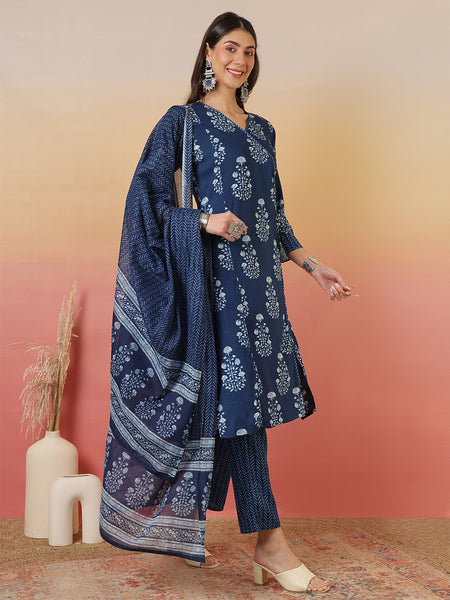 Women Blue Block Printed Front Slit Kurta With Palazzo Pant & Dupatta