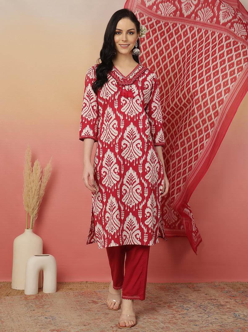 Sangira Women Cotton Printed V-neck, Straight Kurta with Trouser & Dupatta