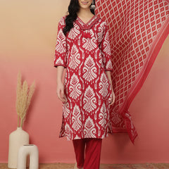 Sangira Women Cotton Printed V-neck, Straight Kurta with Trouser & Dupatta