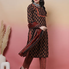 Women Black Cotton Hand Block Printed Kurta with Trouser & Dupatta