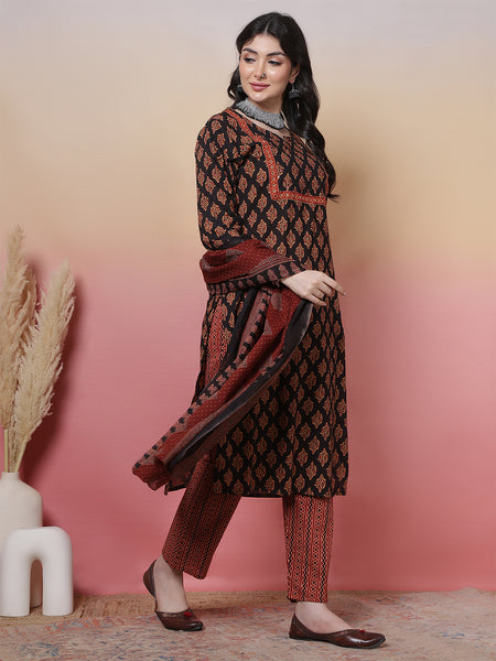 Women Black Cotton Hand Block Printed Kurta with Trouser & Dupatta