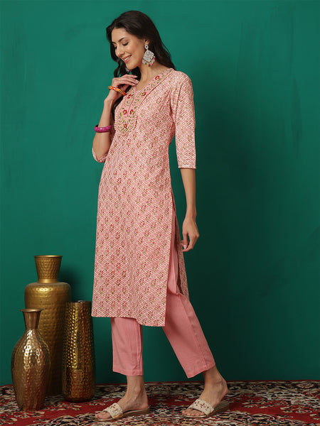 Women Pink Straight, Round Neck, Calf Length Kurta with Trouser